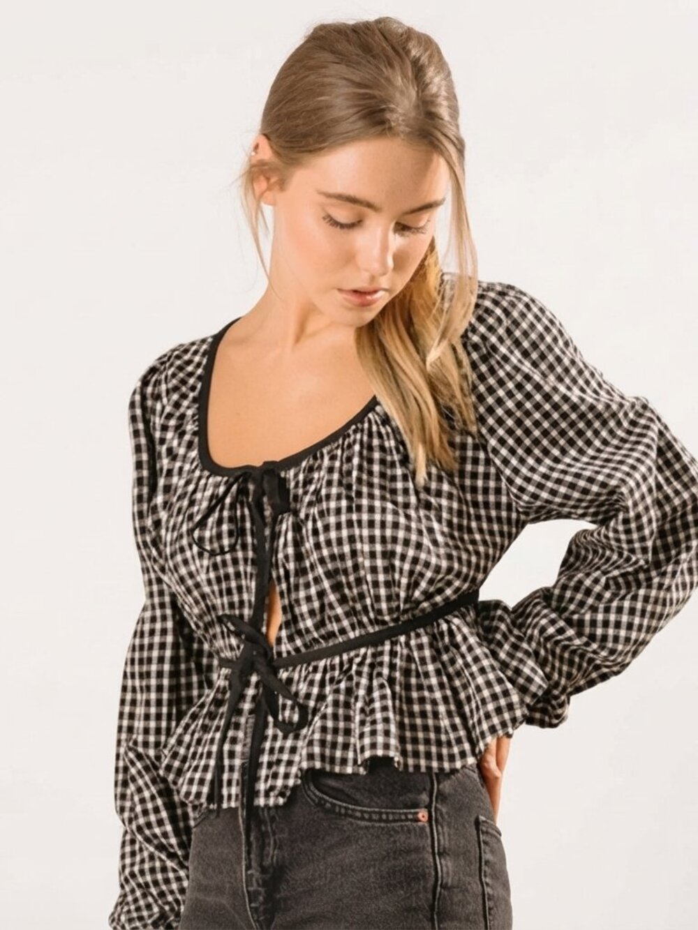 STORIA Black White Gingham Checkered Long Sleeve Crop Top Size L New with Tag